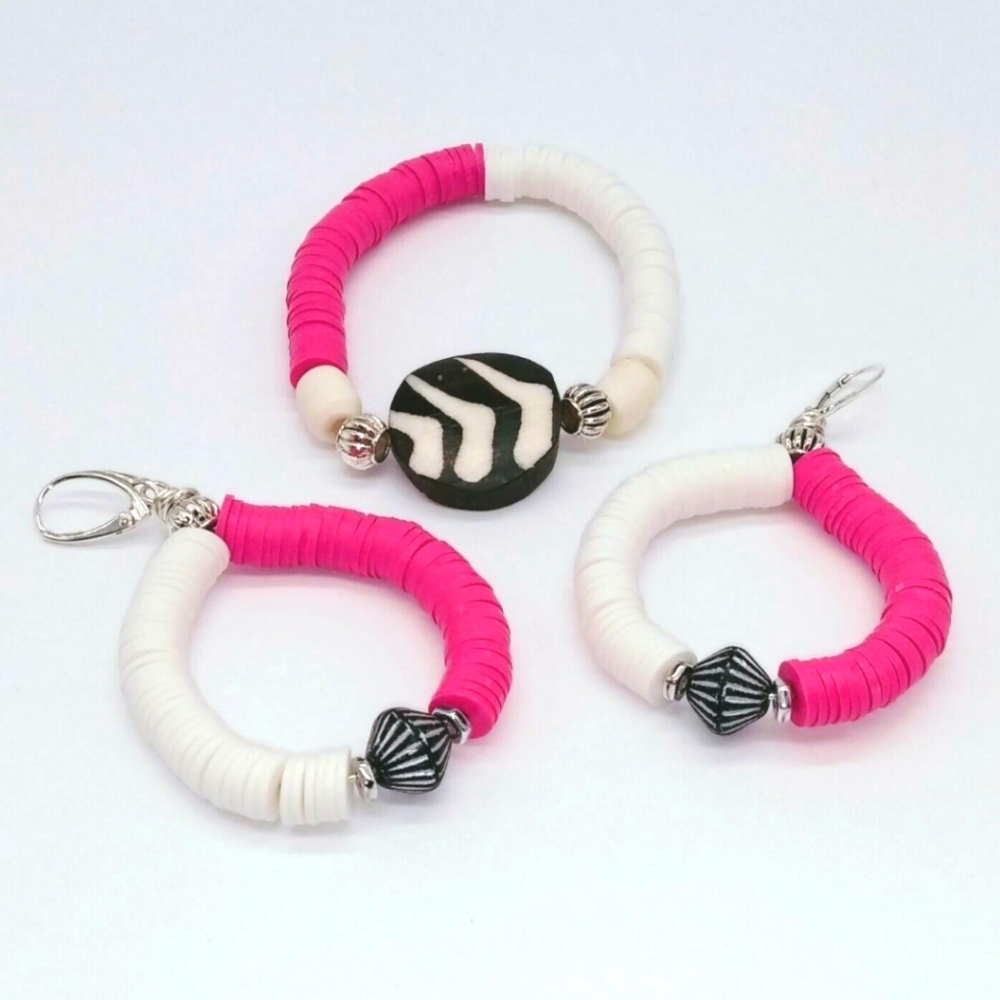 Sterling Silver Pink/White African Batiq Bone Bracelet Earrings Set